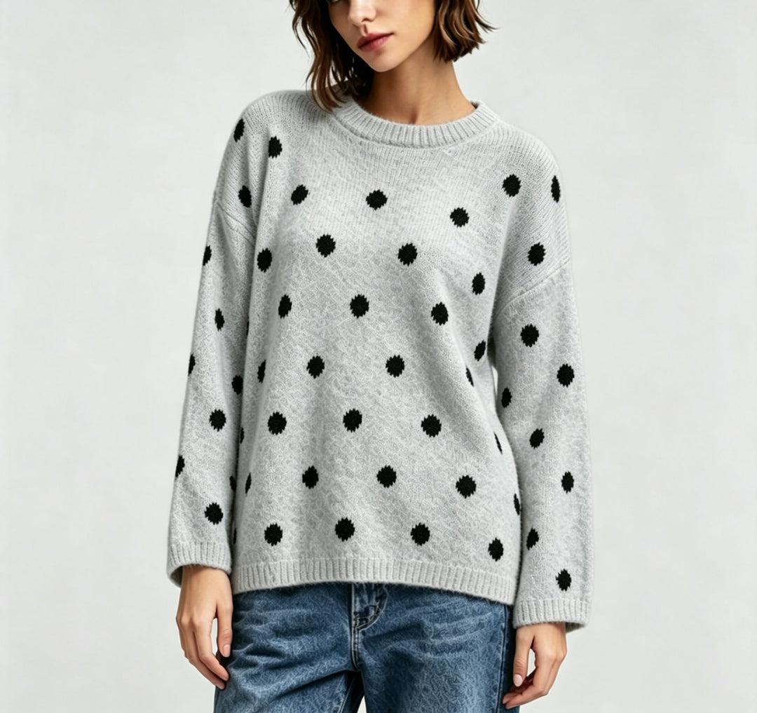 Damen Oversize Strickpullover mit dezentem Punktemuster und Rundhalsausschnitt – Mavelle