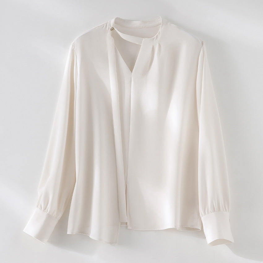 Damen elegante oversized Bluse mit asymmetrischem V-Ausschnitt und Manschetten Echoarchiv