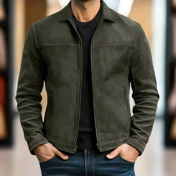 Herren Vintage Velourslederjacke mit schmaler Passform und Reißverschluss – Valtoré