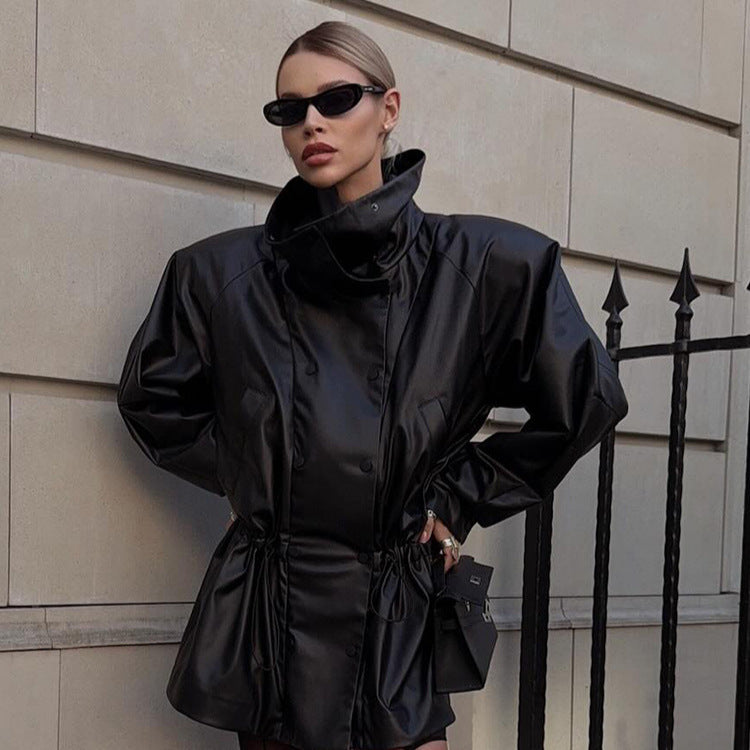 Damen Oversize Kunstleder-Parka mit hohem Stehkragen und verstellbarem Kordelzug Echoarchiv