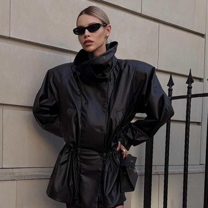 Damen Oversize Kunstleder-Parka mit hohem Stehkragen und verstellbarem Kordelzug Echoarchiv