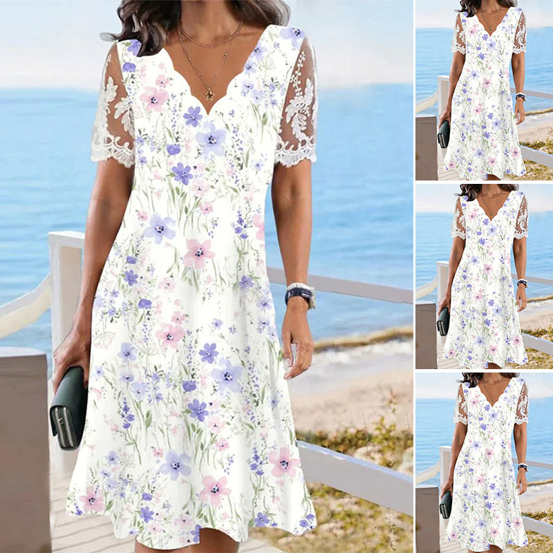 Damen nan A-Linien-Midikleid mit wellenförmigem V-Ausschnitt, ganzflächigem Blumenmuster und transparenten Spitzenärmeln Echo Archiv