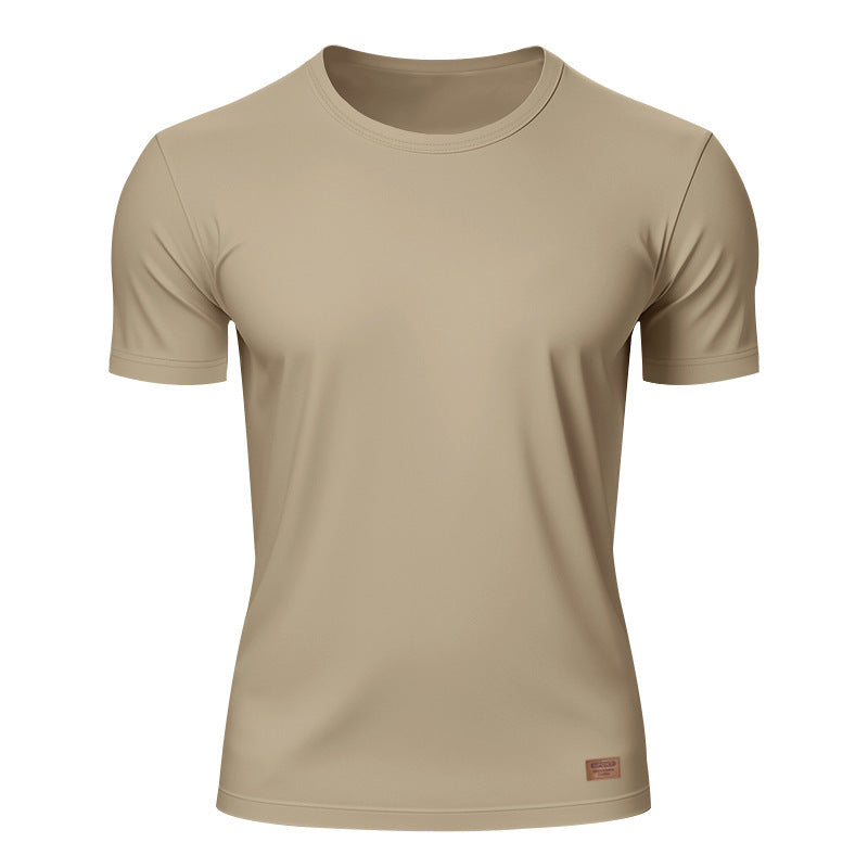 Herren nan schlankes Rundhals-T-Shirt aus glattem Stretchjersey mit dezenter Leder-Logoapplikation Echo Archiv