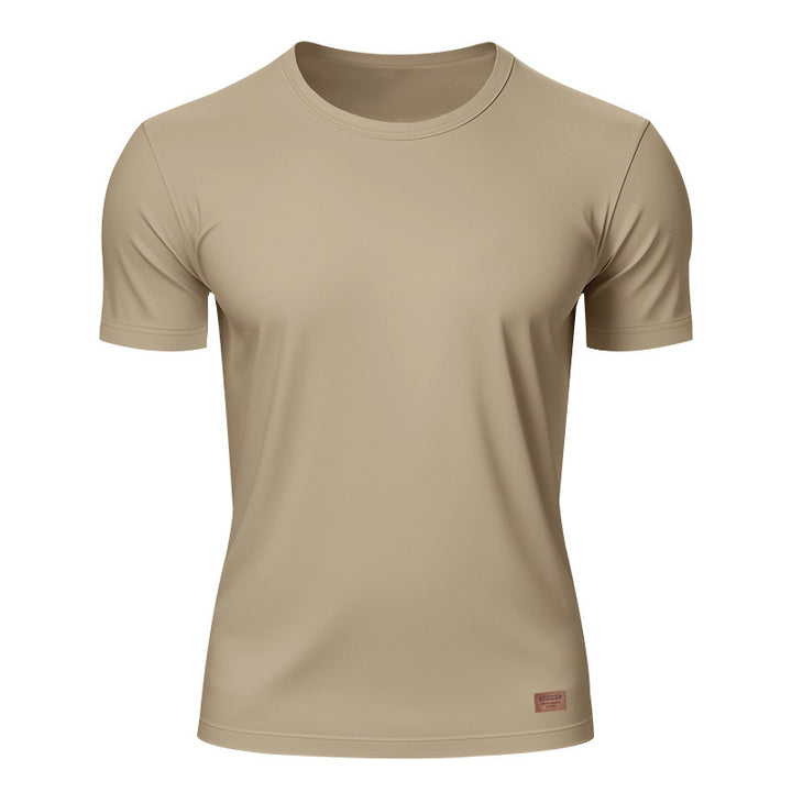 Herren nan schlankes Rundhals-T-Shirt aus glattem Stretchjersey mit dezenter Leder-Logoapplikation Echo Archiv