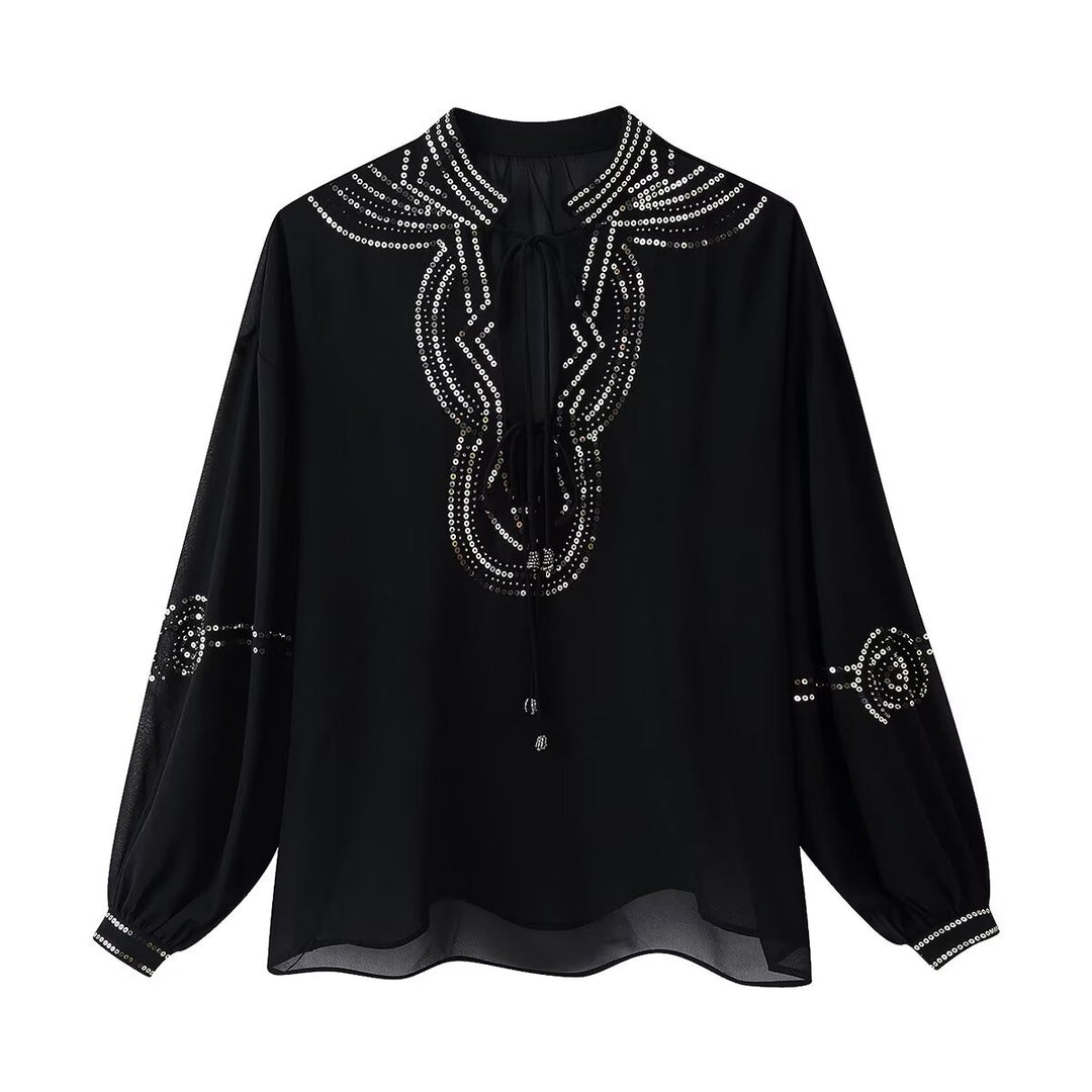 Damen Chiffonbluse mit Paillettenbesatz, Ballonärmeln und Bindekragen Echo Archiv