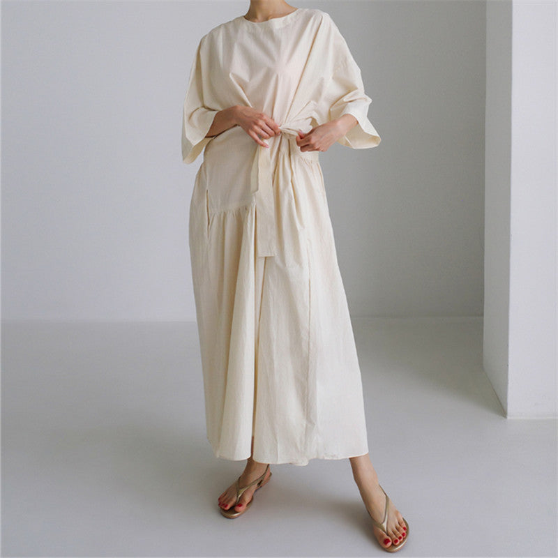 Damen Langes Baumwoll-Maxikleid mit Wickelgürtel und Eingrifftaschen Echoarchiv