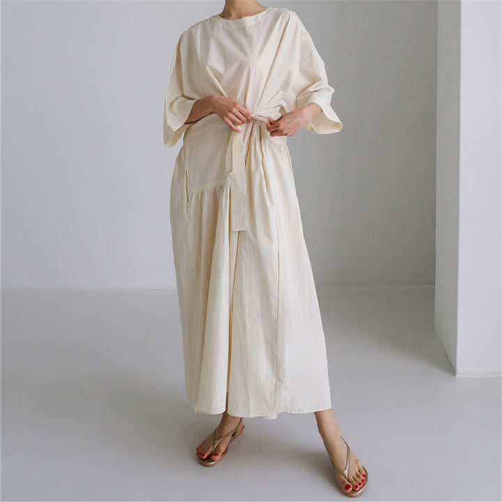 Damen Langes Baumwoll-Maxikleid mit Wickelgürtel und Eingrifftaschen Echoarchiv