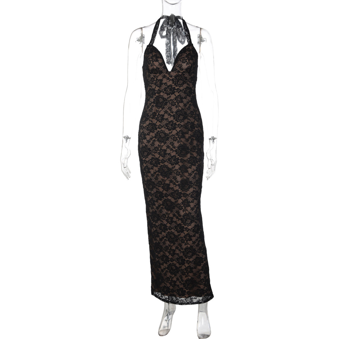 Damen Langes Spitzenkleid mit tiefem V-Ausschnitt und Halter-Design Echo Archiv