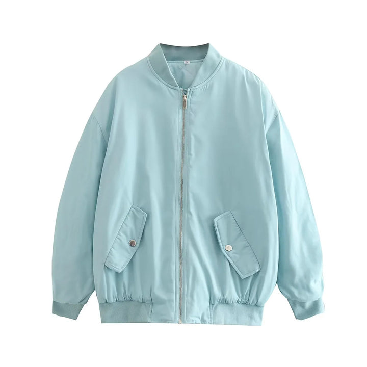 Damen oversized Bomberjacke mit Stehkragen, Reißverschluss und Druckknopf-Taschen – Avenza