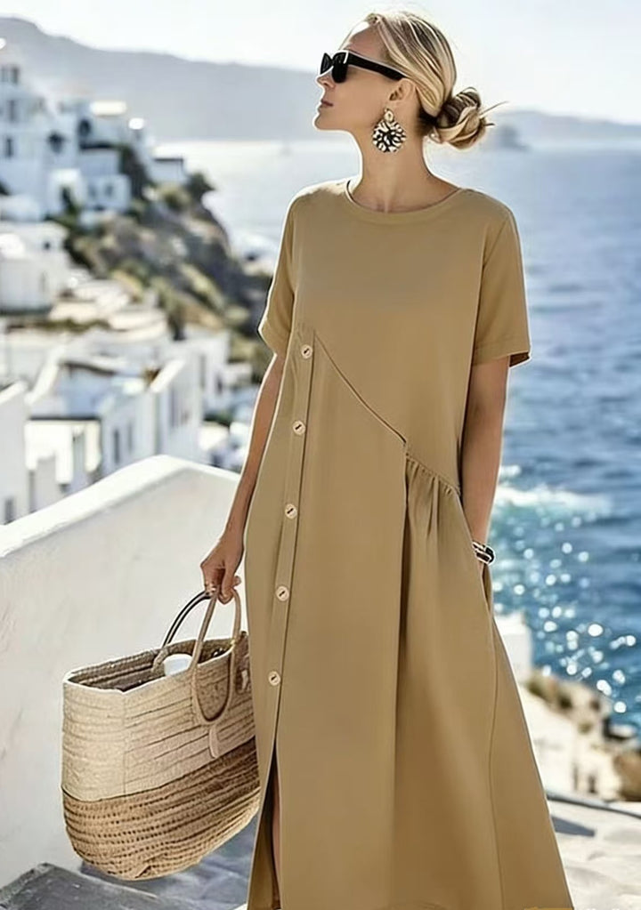 Damen Luftiges Sommerkleid mit seitlicher Knopfleiste, kurzen Ärmeln und Schlitz – Lunéa