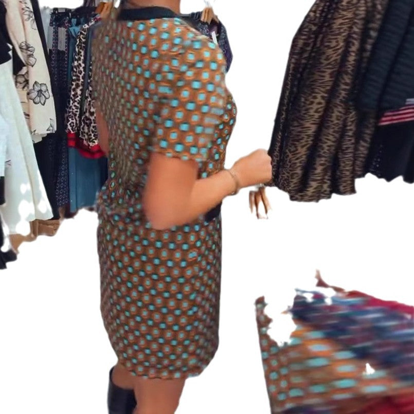 Damen nan Retro-A-Linien-Minikleid mit geometrischem Muster, Kontrastblende und Zier-Taschendetail Echo Archiv