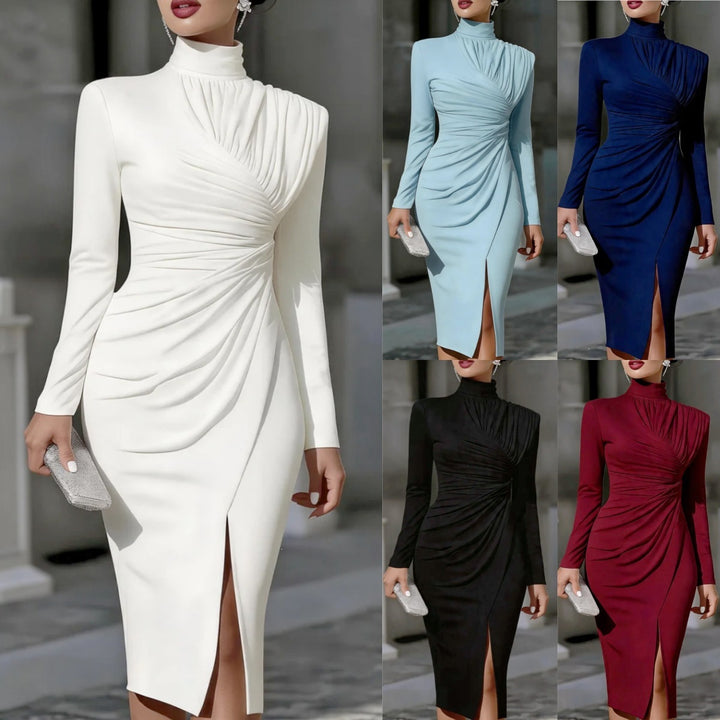 Damen Elegantes Midikleid mit geraffter Drapierung, Stehkragen und Beinschlitz Echoarchiv