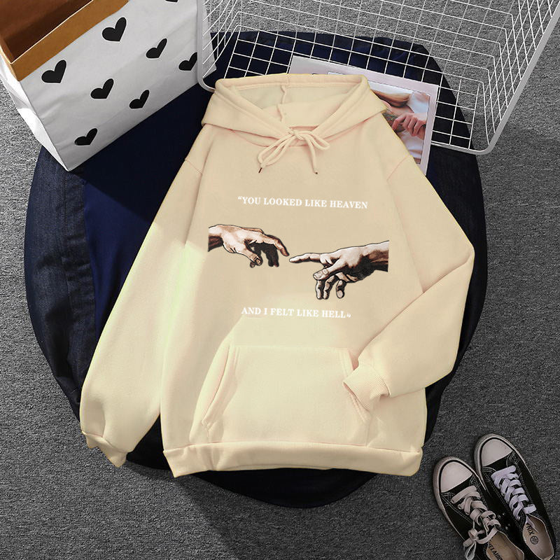 Damen Oversize Kapuzenpullover mit Kängurutasche und Renaissance‑Handmotiv, weiches Fleece Innenfutter – Auréline