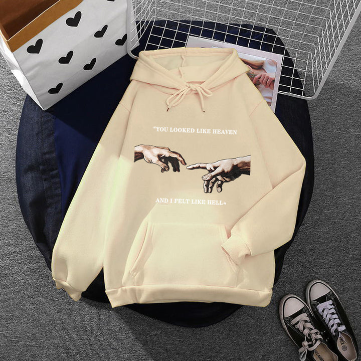 Damen Oversize Kapuzenpullover mit Kängurutasche und Renaissance‑Handmotiv, weiches Fleece Innenfutter – Auréline