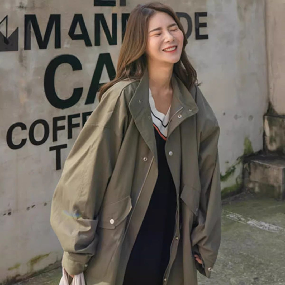 Damen Langer Oversize-Windbreaker im Utility-Look mit Pattentaschen Echoarchiv