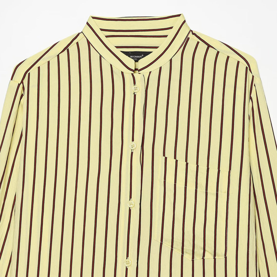 Damen Gestreifte Oversize-Bluse mit Stehkragen und Brusttasche Echoarchiv