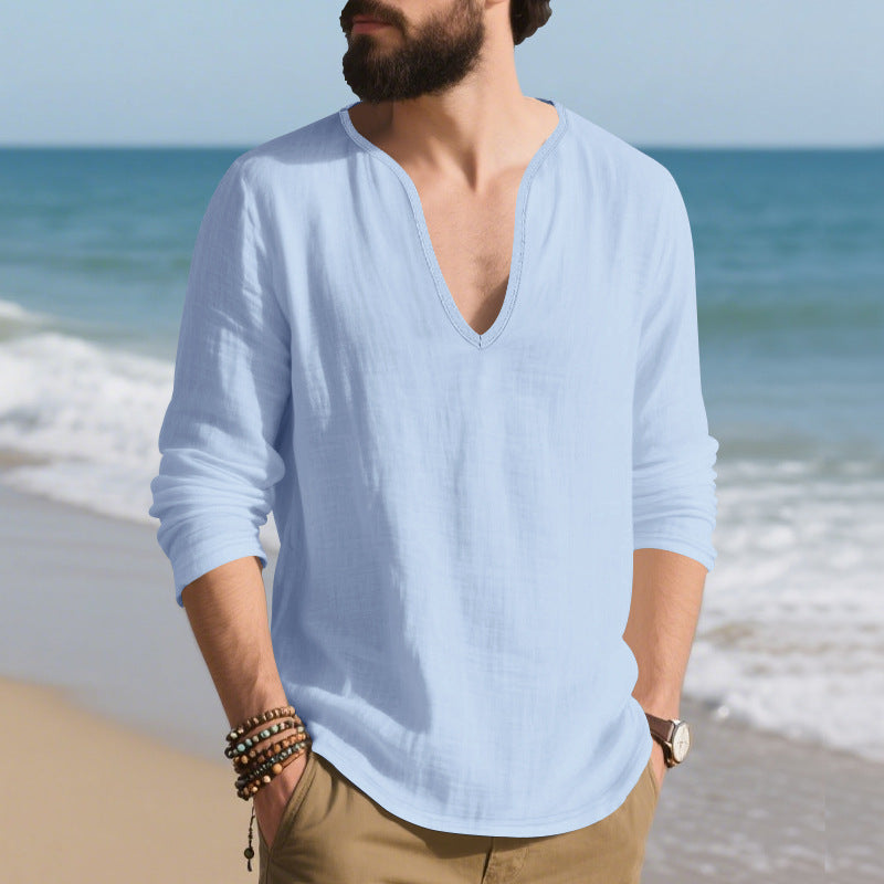 Herren lässiges Langarmshirt mit V-Ausschnitt aus atmungsaktiver Baumwolle Echoarchiv