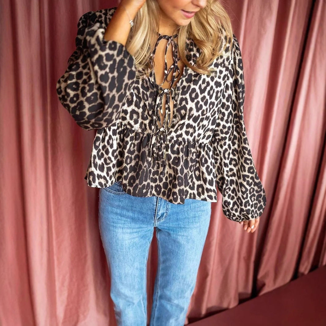 Damen Bluse mit Leopardenprint, Bindebändern und Ballonärmeln – Avérine