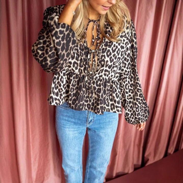 Damen Bluse mit Leopardenprint, Bindebändern und Ballonärmeln – Avérine