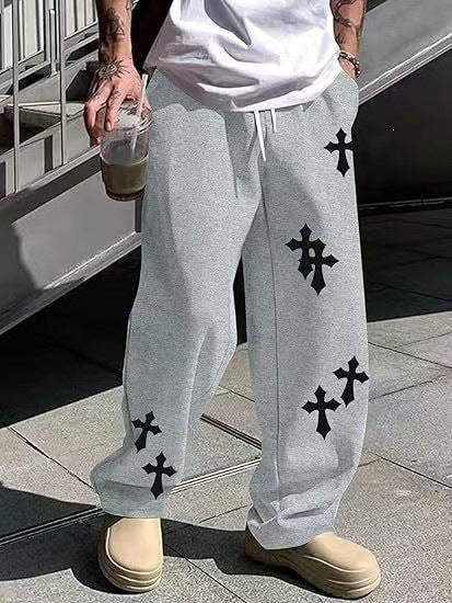 Herren Weite Sweatpants mit Gothic-Kreuz-Print, Tunnelzug & Tiefer Schritt Echo Archiv