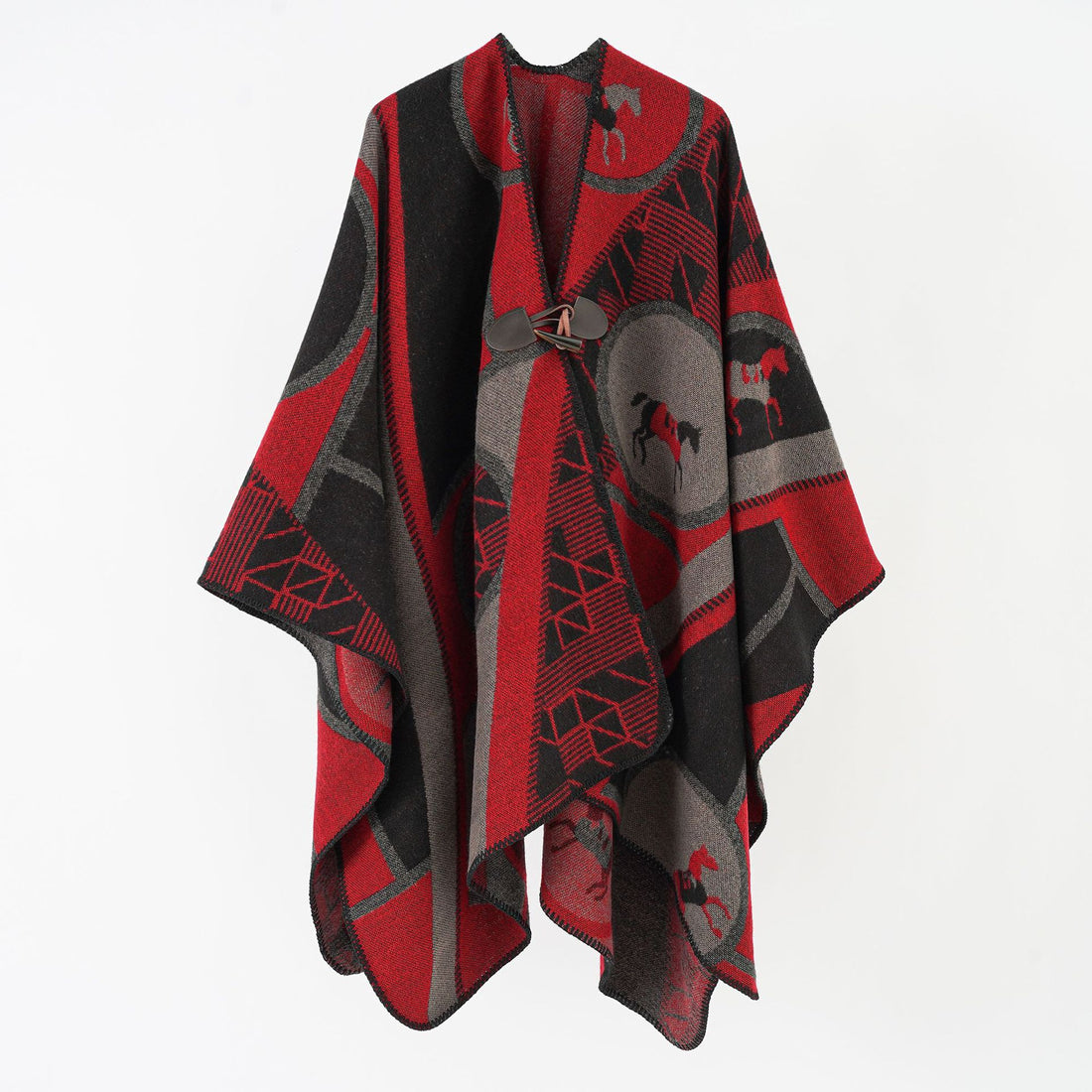Damen Wollmix-Jacquard-Ruana mit Pferdemotiv, Knebelverschluss und offener Kimono-Silhouette – Montévia