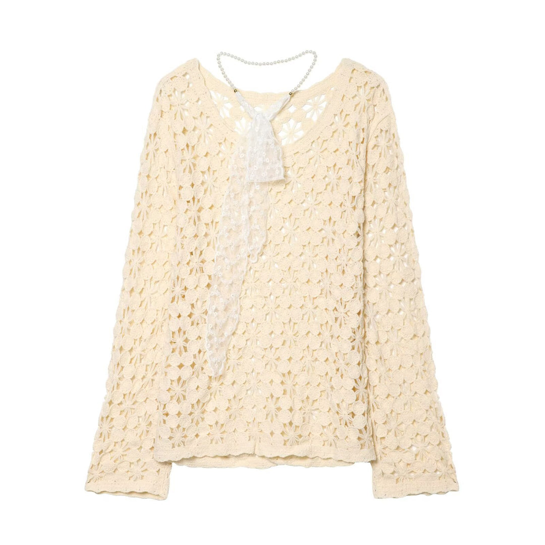 Damen Häkelpullover mit floraler Lochspitze und zarter Spitzen-Schleife Echo Archiv