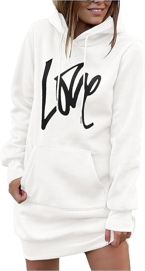 Damen Fleece-Kapuzenkleid mit Kängurutasche, Daumenlochärmeln und Oversize-Sweatshirt-Schnitt Echoarchiv