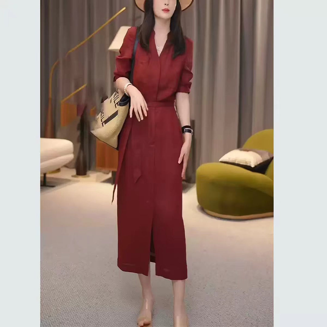 Damen Langes Hemdkleid mit Wickeloptik, Kordel-Taillengürtel und Beinschlitz – Valéora