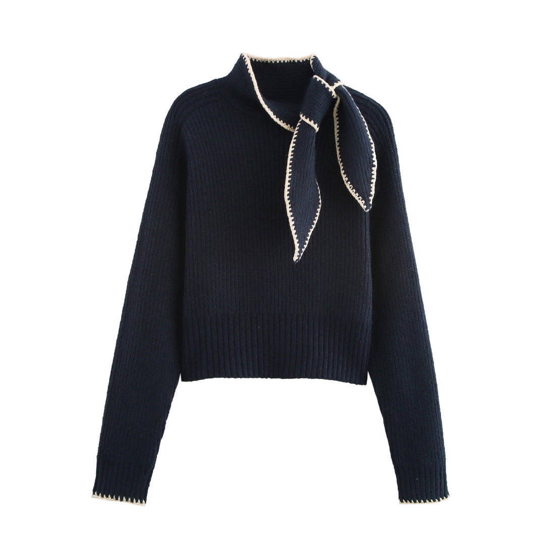 Damen Kurzgeschnittener Rippstrick-Pullover mit Hochkragen und integrierter Knoten-Schal Echoarchiv
