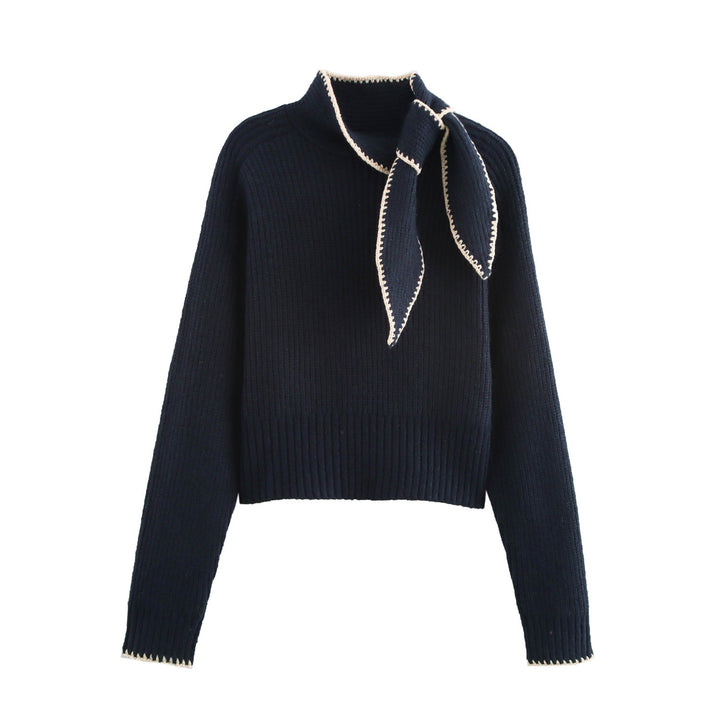 Damen Kurzgeschnittener Rippstrick-Pullover mit Hochkragen und integrierter Knoten-Schal Echoarchiv