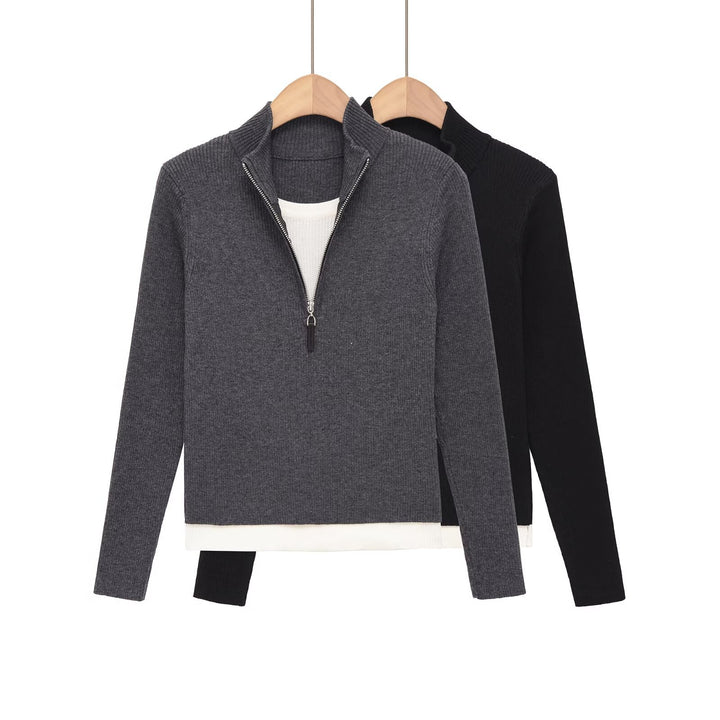 Damen Feinstrickpullover mit halbem Reißverschluss, Stehkragen und Lagenlook-Saum Echo Archiv