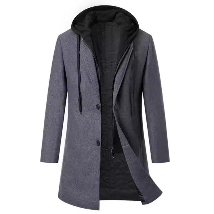 Herren eleganter Melton-Mantel mit abnehmbarer Kapuze und praktischen Taschen Echoarchiv