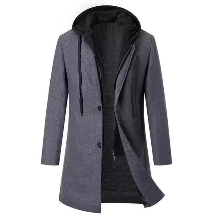 Herren eleganter Melton-Mantel mit abnehmbarer Kapuze und praktischen Taschen Echoarchiv