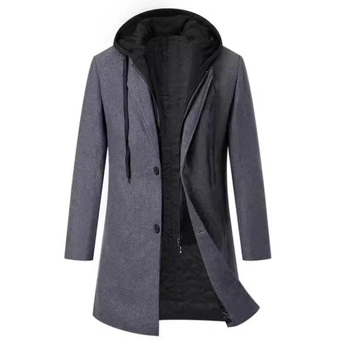 Herren eleganter Melton-Mantel mit abnehmbarer Kapuze und praktischen Taschen Echoarchiv