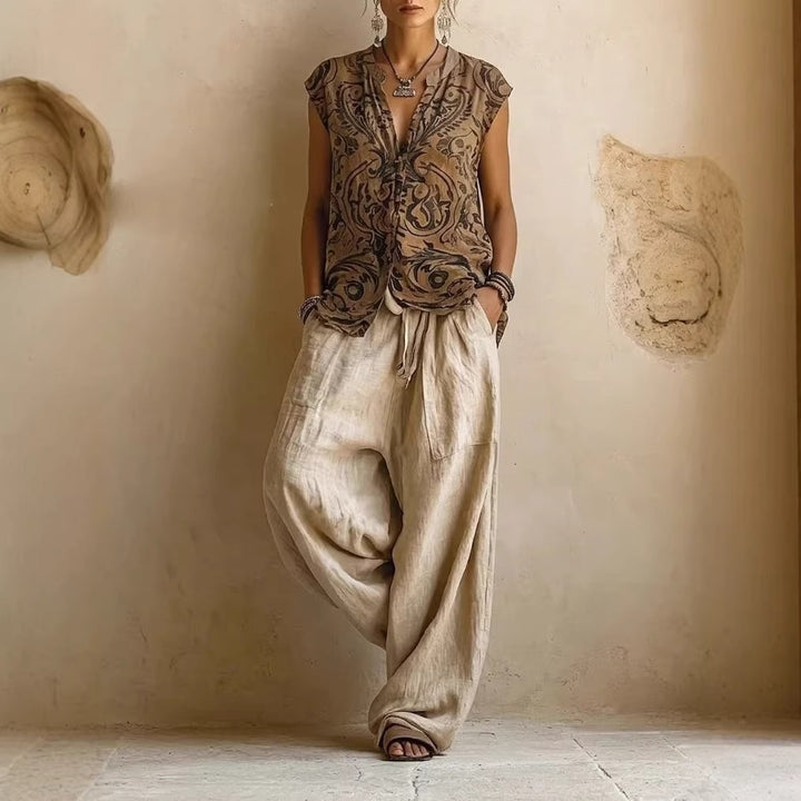 Damen Lässige Leinenhose mit hohem Bund Echo Archiv