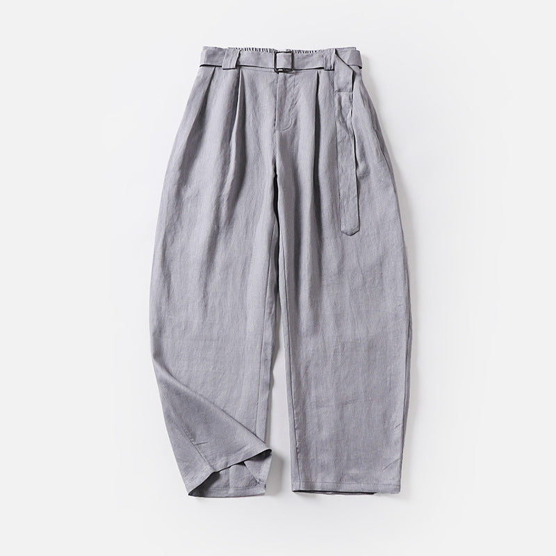 Damen Hochtaillierte Leinen-Baumwoll Bundfaltenhose mit Bindegürtel und tapered Bein Echoarchiv