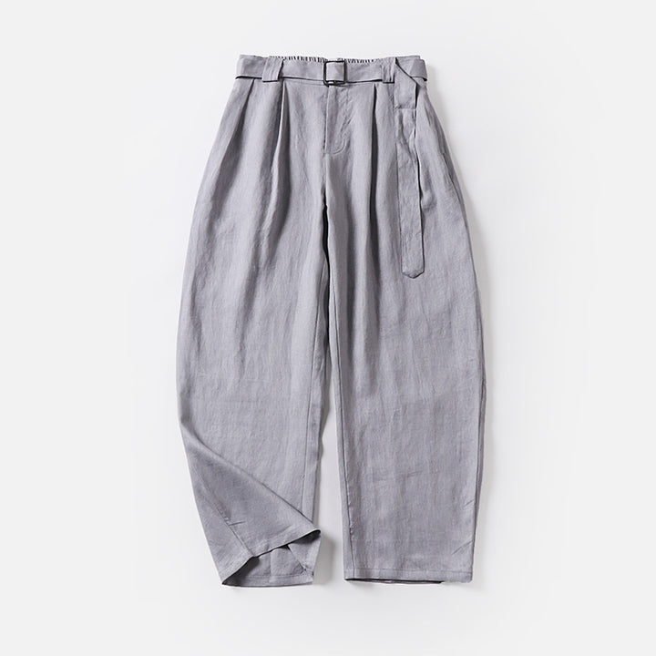 Damen Hochtaillierte Leinen-Baumwoll Bundfaltenhose mit Bindegürtel und tapered Bein Echoarchiv