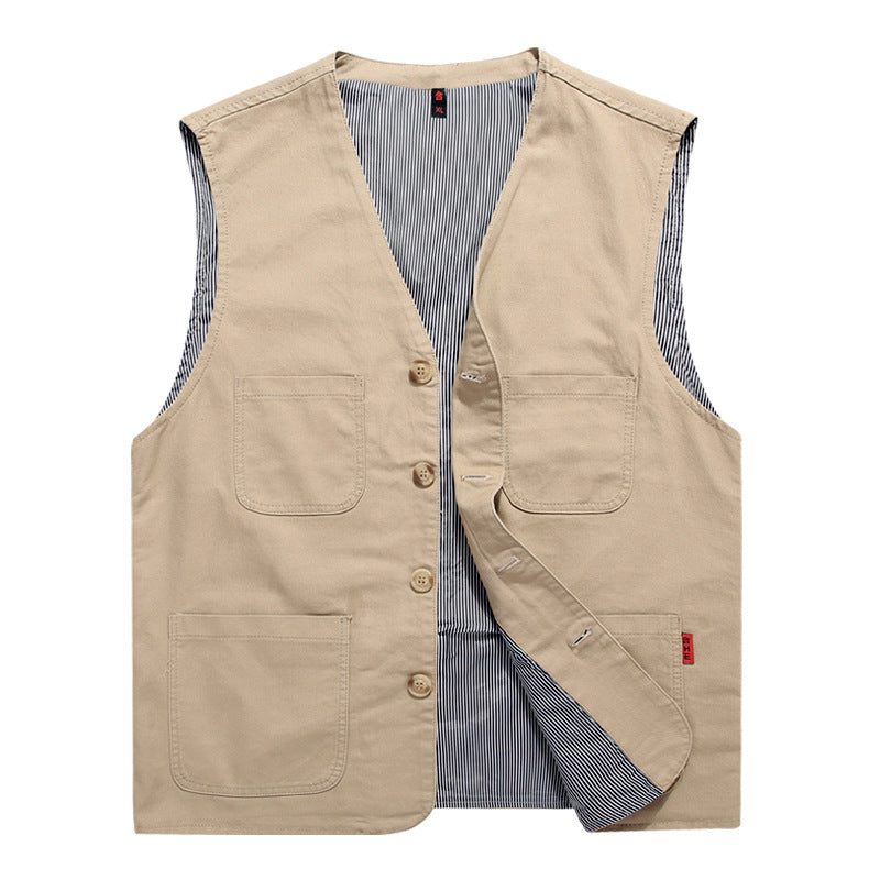 Unisex Canvas-Utility-Weste mit gestreiftem Innenfutter, aufgesetzten Taschen und Knopfverschluss – Marzano