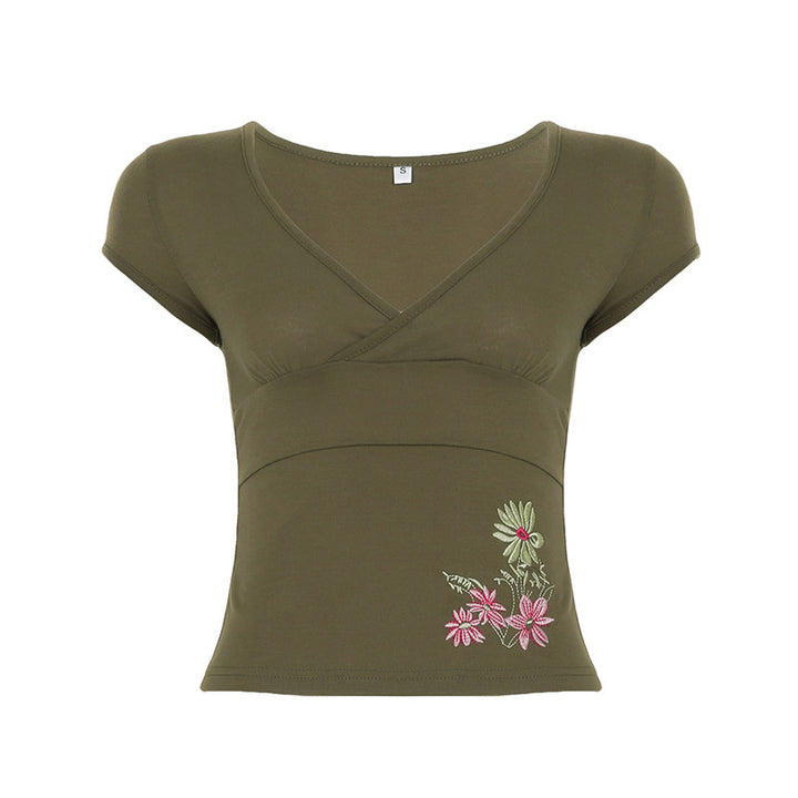 Damen figurbetontes Kurzarm-Shirt mit floralem Stickmuster Echo Archiv