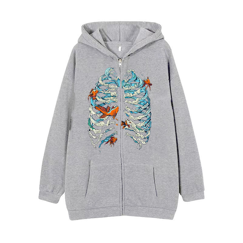 Damen Kapuzenjacke mit durchgehendem Reißverschluss und Rippenherz-Print – Auréline
