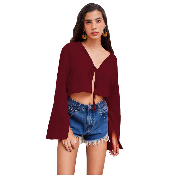 Damen kurzes Bindecrop-Top mit V-Ausschnitt, Knotenbindetail und Glockenärmeln – Avérine