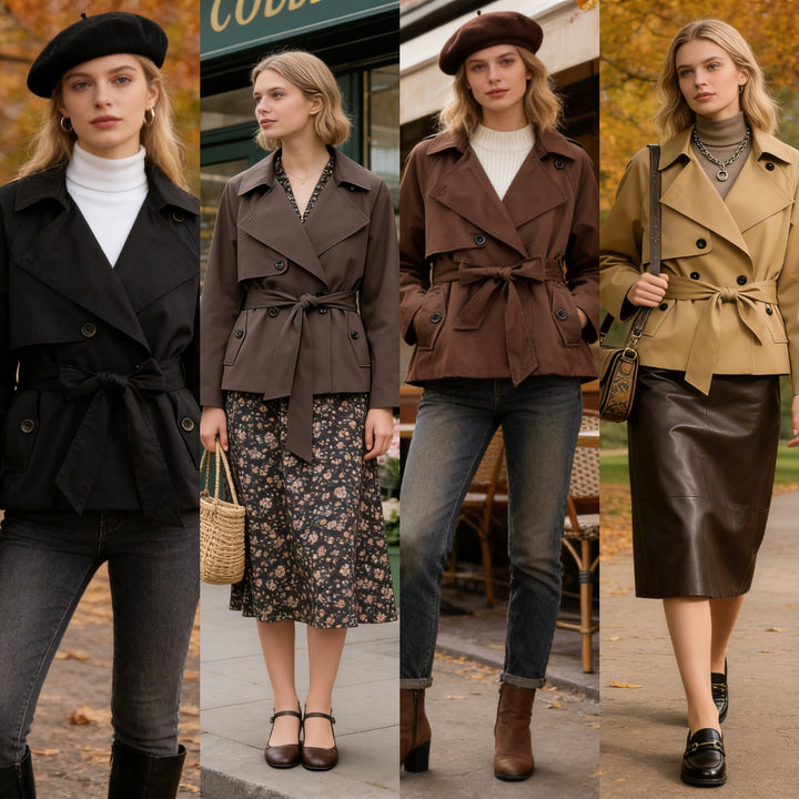 Damen Gekürzte Taillengürtel-Trenchjacke mit breitem Revers und Pattentaschen Echo Archiv