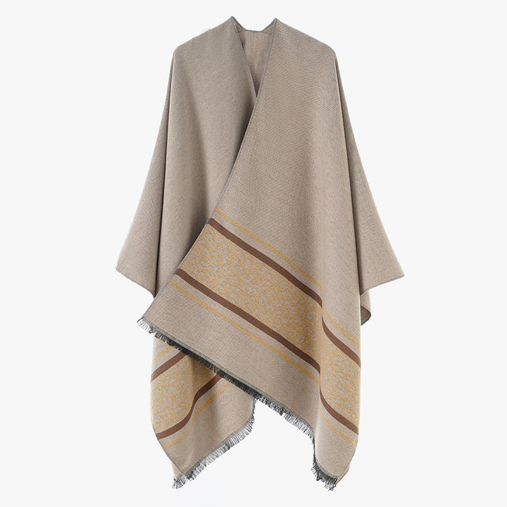 Damen Kimono-Cape im Wickelstil mit Animalbordüre und Fransenabschluss – Avérine