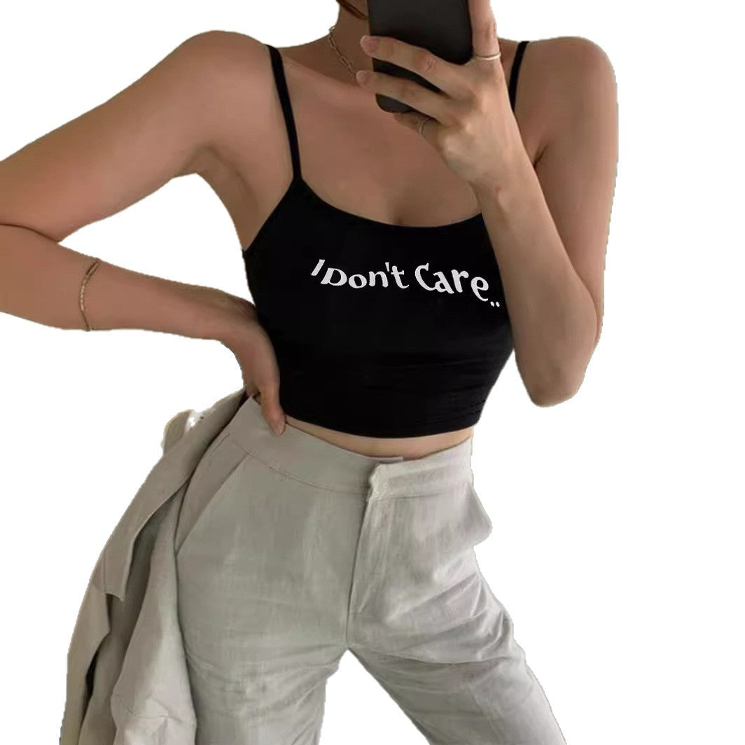 Damen Crop-Top mit kreativem Schriftzug und feinen Trägern Echo Archiv