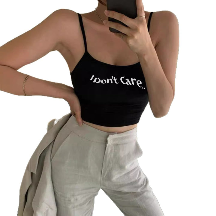 Damen Crop-Top mit kreativem Schriftzug und feinen Trägern Echo Archiv
