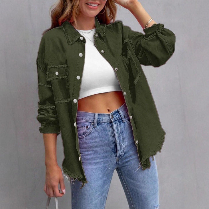Damen Lässige Oversized-Denim-Hemdjacke mit Rohsaum und Pattentaschen Echo Archiv