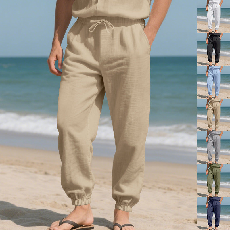 Herren Leichte Leinenoptik-Loungehose mit Tunnelzug, elastischem Knöchelabschluss & Seitentaschen – Sorevano