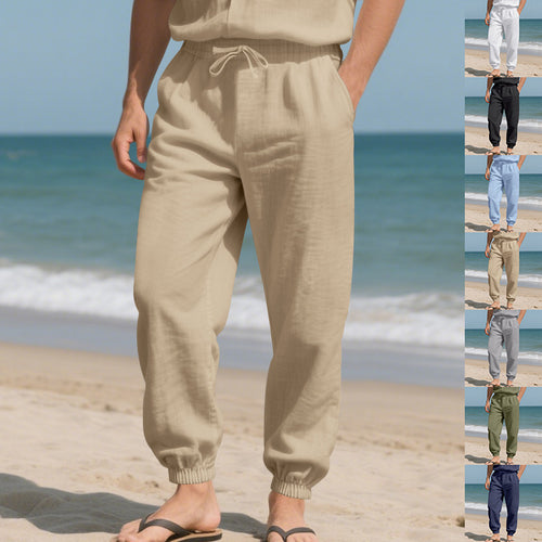 Herren Leichte Leinenoptik-Loungehose mit Tunnelzug, elastischem Knöchelabschluss & Seitentaschen – Sorevano