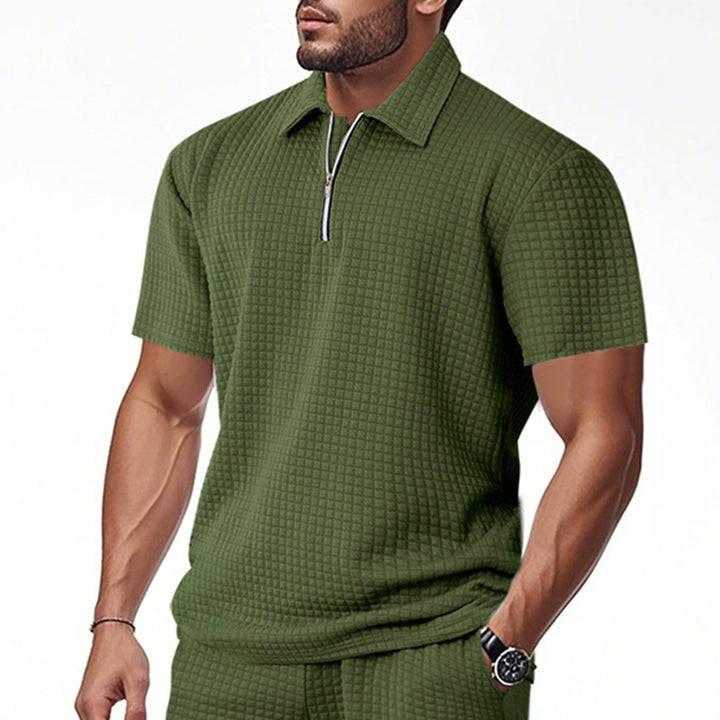 Herren Kurzarm-Henley-Shirt aus strukturierter Baumwollmischung mit Reißverschluss Echoarchiv