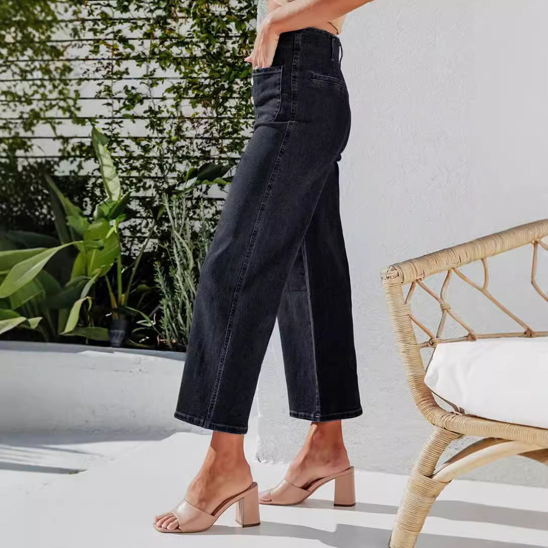 Damen High-Waist Jeans mit Knopfdetail und weitem Bein Echo Archiv
